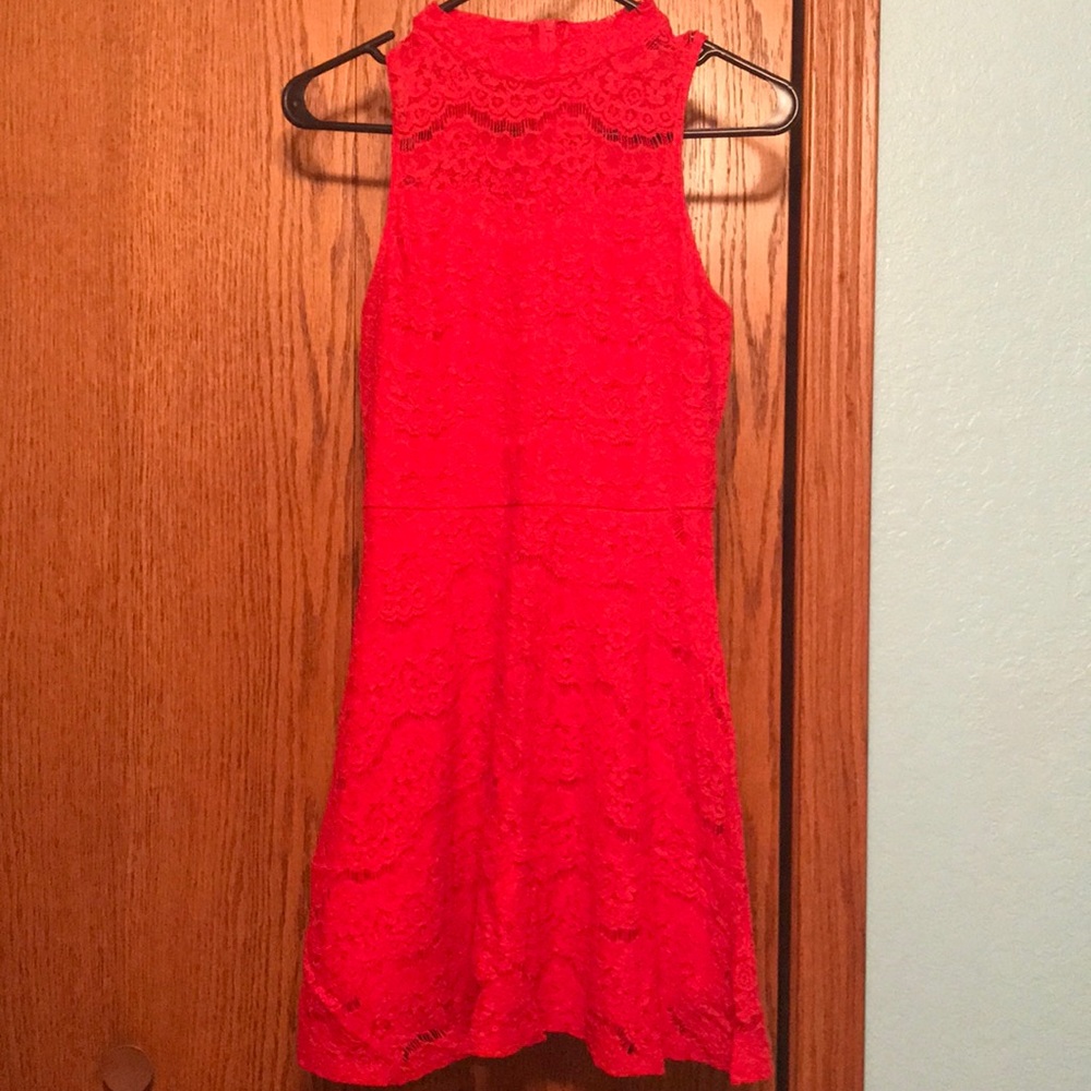 Red lace sleeveless dress.